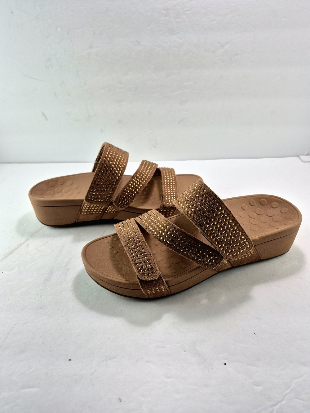NWOT Vionic Pacific Alexis Rhinestone Suede Platform Slide Sandals Macaroon 7